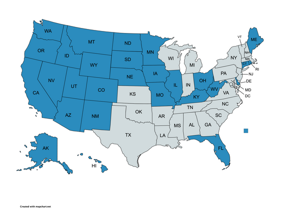 Map of the United States highlighting the states HRx Pharmacy serves